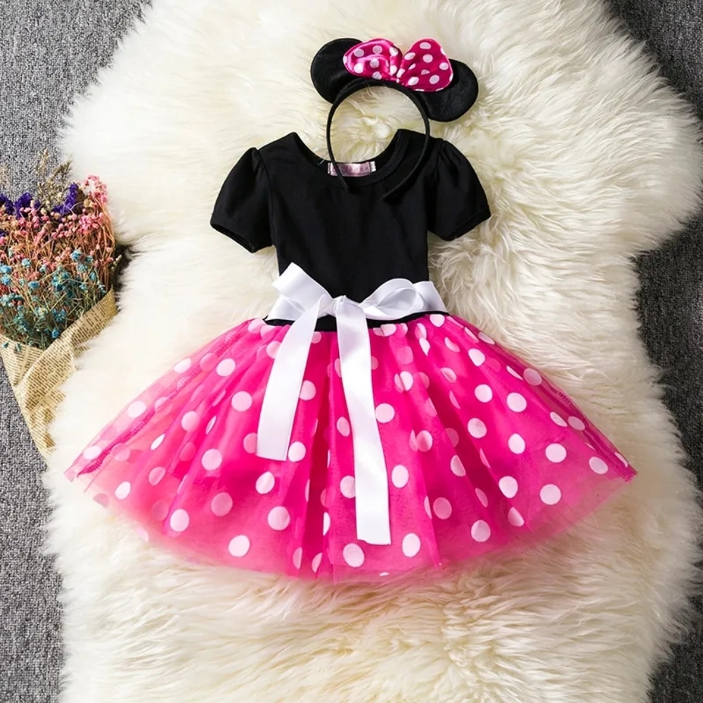 Girls 5T Minnie Mouse Pink & White Polka Dot Birthday Baby Dress w/ Mouse Ears - Picture 1 of 10